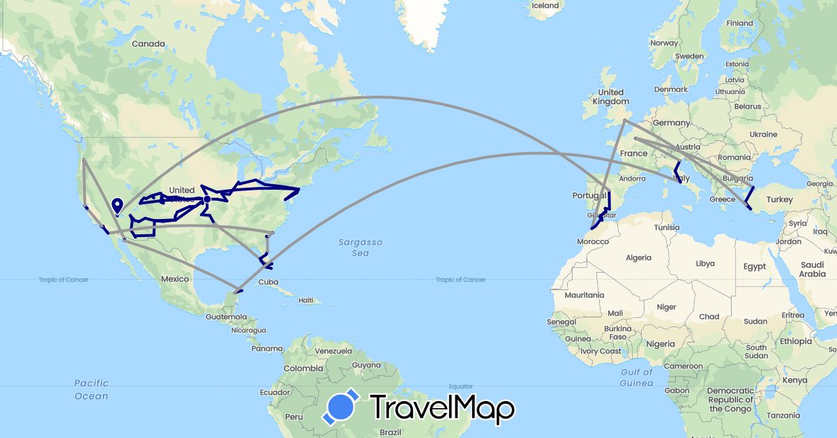 TravelMap itinerary: driving, plane in Spain, France, United Kingdom, Gibraltar, Italy, Morocco, Mexico, Turkey, United States (Africa, Asia, Europe, North America)